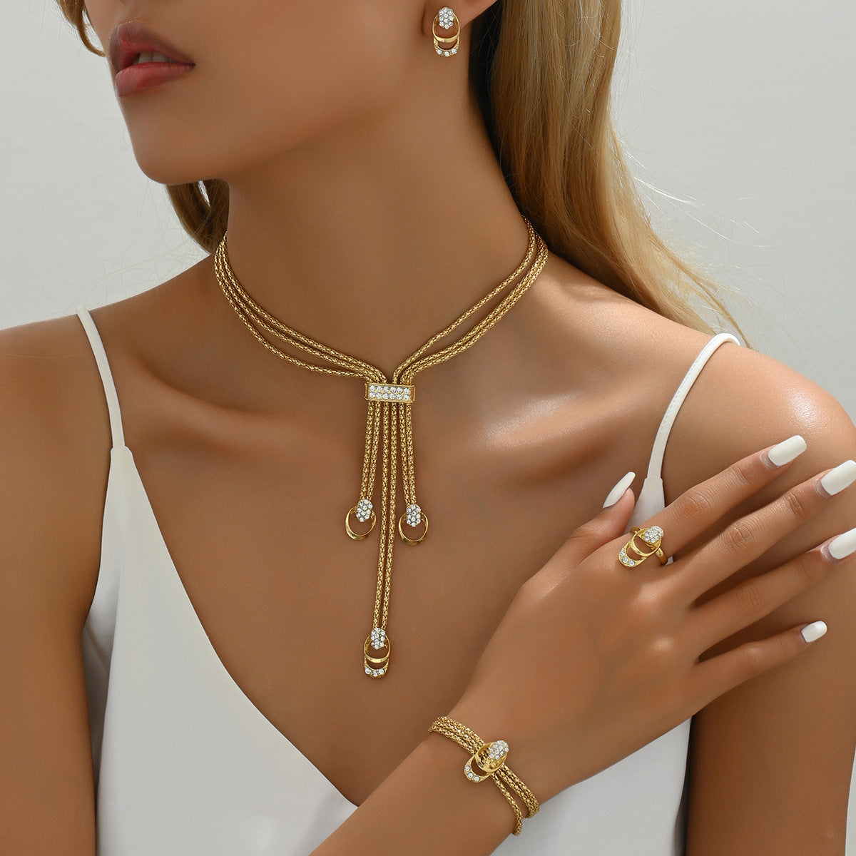 Cross-border New Minimal Delicate Women Jewelry Set, Inlaid Cubic Zirconia Long Clavicle Necklace, Matching Earrings & Index Finger Ring, Niche Versatile Daily Accessories