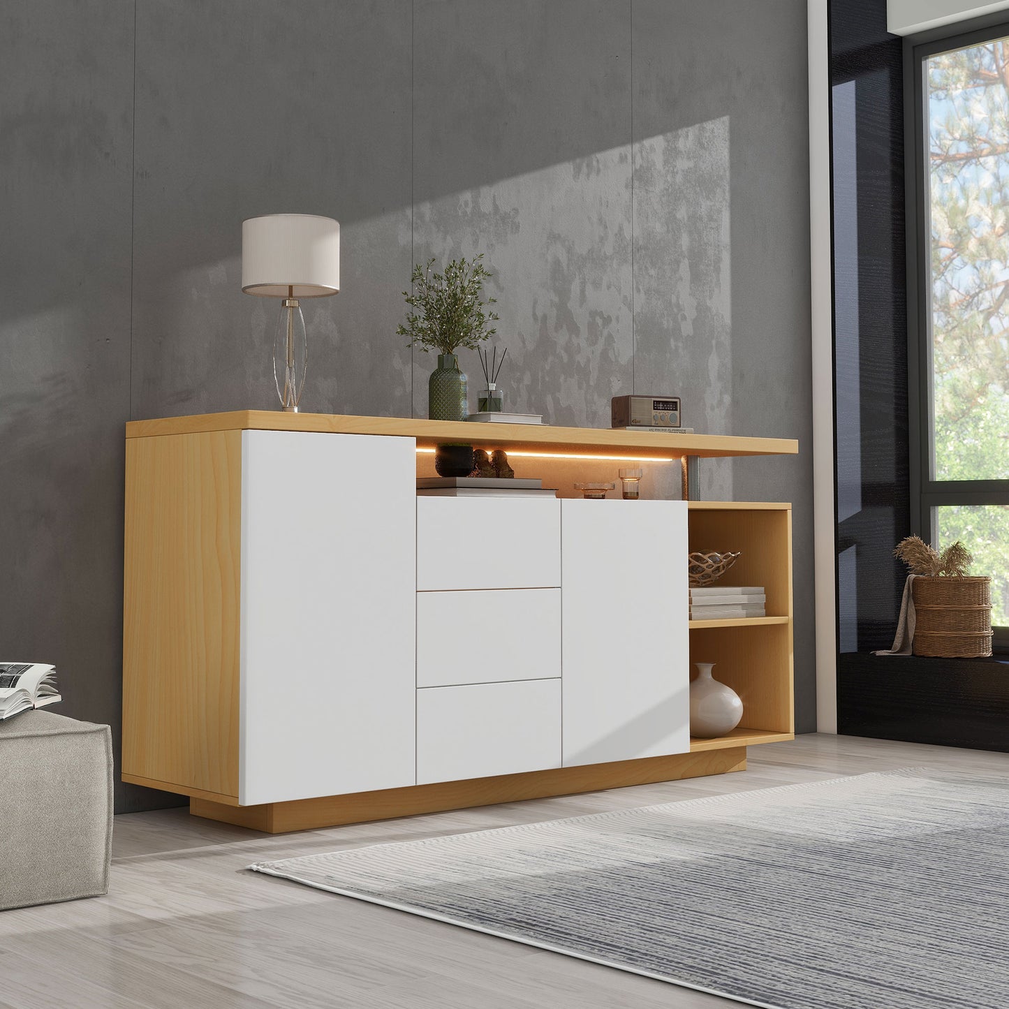 Multifunctional Sideboard, Length 140 Cm, White And Imitation Wood - 2 Doors, 3 Drawers, 2 Open Compartments, With LED Lighting