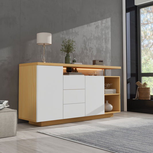 Multifunctional Sideboard, Length 140 Cm, White And Imitation Wood - 2 Doors, 3 Drawers, 2 Open Compartments, With LED Lighting