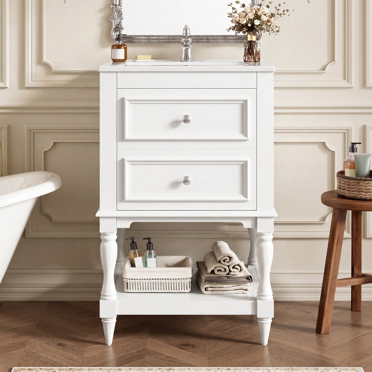 20'' Bathroom Vanity with Ceramic Sink, Bathroom Storage Cabinet with Open Shelf , Retro Design Bathroom Cabinet with 2 Drawers