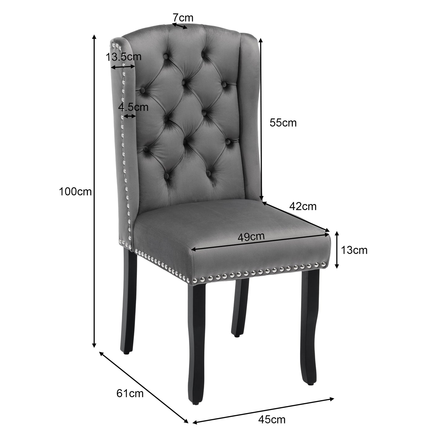 Velvet Dining Chairs Set Of 2 With Oak Legs, Knob, Chrome Knocker And Nailhead Trim Bedroom Chair Kitchen Chair Living Room Lounge Leisure Chair, Grey