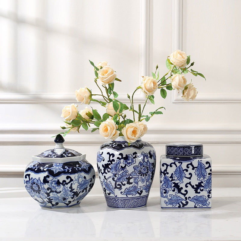 Blue-and-White Porcelain Ceramic Storage Jar Tea Caddy Ornament