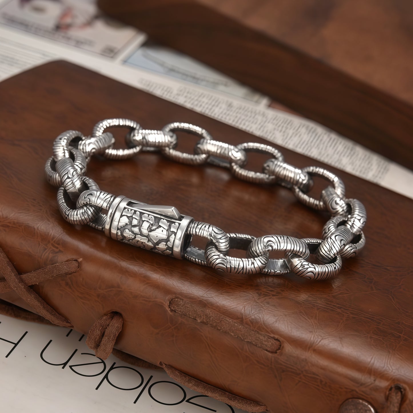 Antique Bark Textured Thick Oval Link Bracelet For Men, Copper Plated Silver Vintage Oxidized Biker Punk Heavy Duty Wrist Jewelry Gift