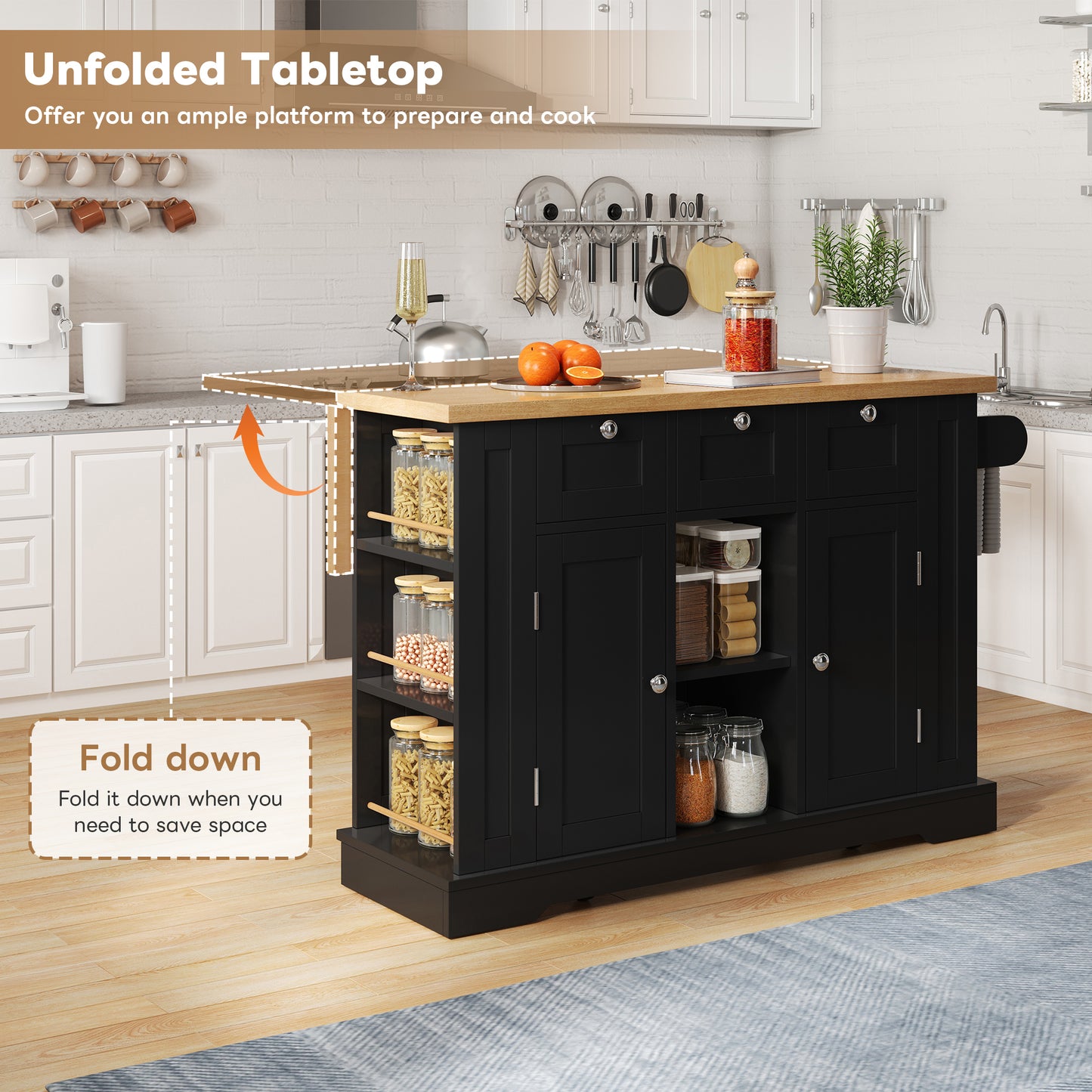 132cm Kitchen Island On Wheels, Dropleaf  Trolley, Farmhouse Style, Foldable Countertop, Drawer, Spice Rack, Towel Holder, 5 Wheels, Integrated Socket, Charging Station, Kitchen Dining Livingroom