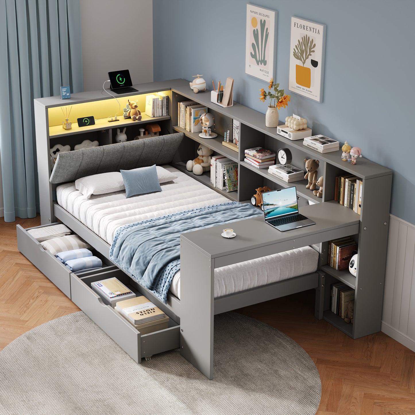 3ft Single L-Shape Daybed With Storage Drawers And Bookcase Storage, LED Linen Concealed Headboard Storage With Charging Station, Wood Bed For Living Room Bedroom Study Room, Grey  No Mattress