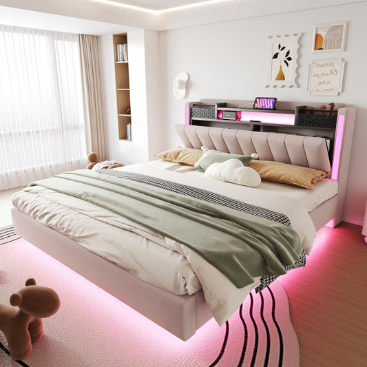 Upholstered Bed 160x200 With LED Lighting And USB Socket, Headboard With Storage Space, Floating Bed Youth Bed Adult Bed, Linen Fabric, Beige