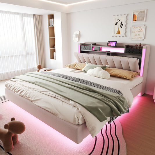 Upholstered Bed 160x200 With LED Lighting And USB Socket, Headboard With Storage Space, Floating Bed Youth Bed Adult Bed, Linen Fabric, Beige