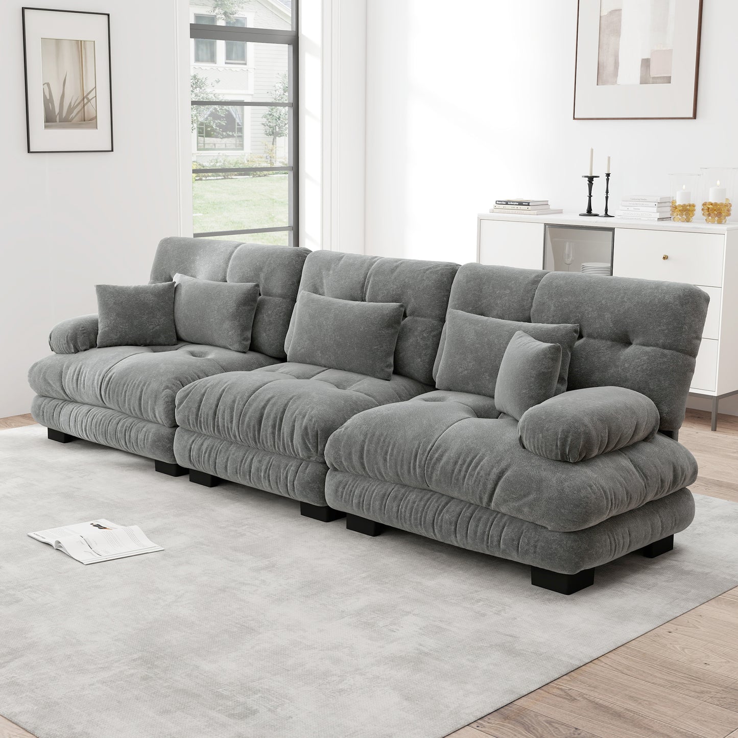 3 Seater Modular Corner Sofa With Deep Seat, Chenille Sofa Bed Comfortable Upholstered For Living Room, Apartment, Studio, Office, Chenille Grey