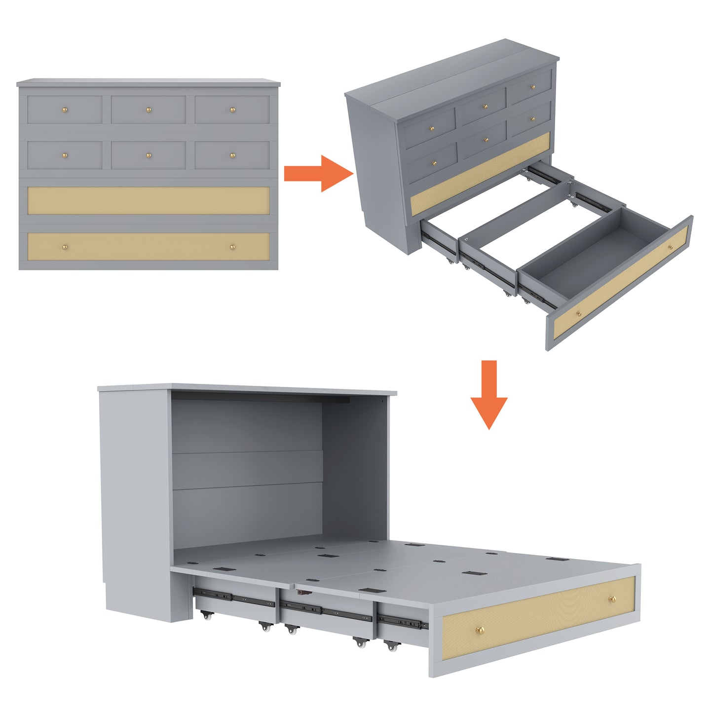 Murphy Bed, 140 X 200, Mobile Murphy Bed With Drawers At The End Of The Bed And Shelf At The Head Of The Bed, With USB And Socket, Convertible Platform Bed, Without Mattress, Grey