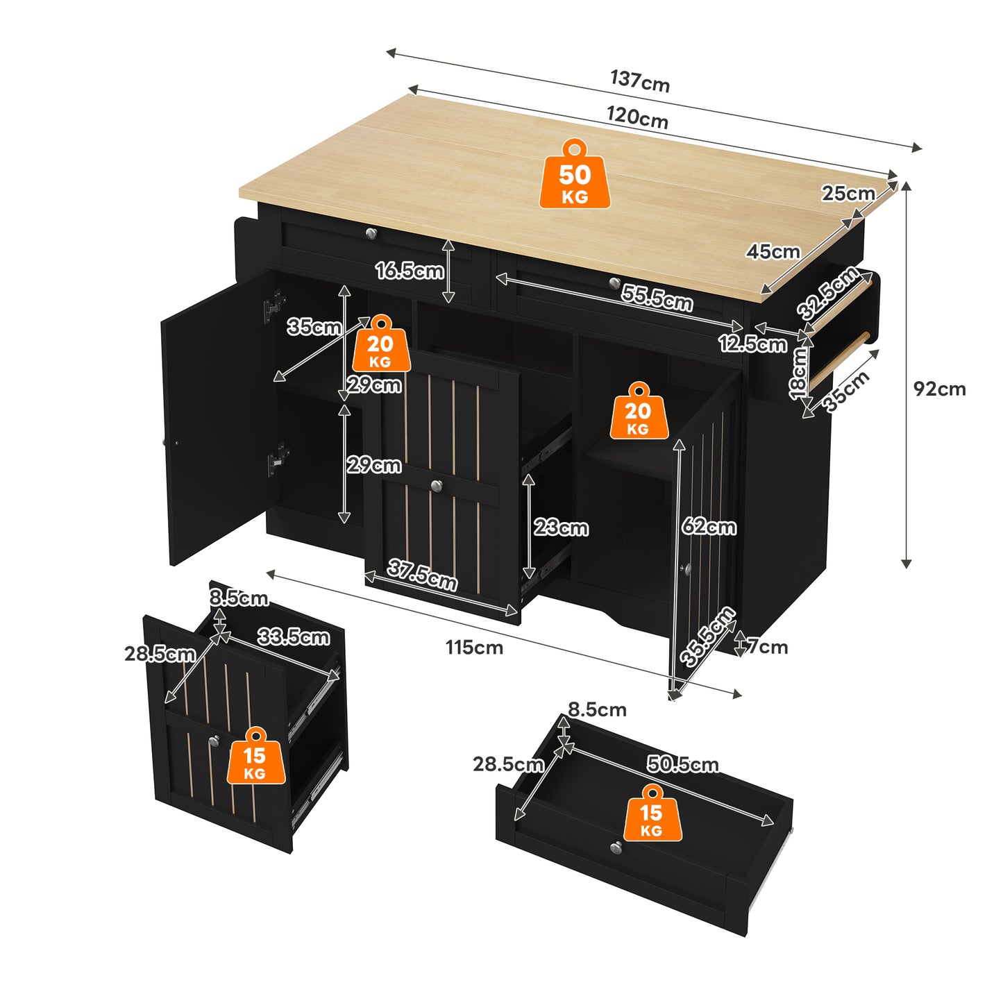 Mobile Kitchen Island With Folding Worktop, Serving Trolley And Storage Cabinet, With 2-tier Vertical Drawers, 2 Large Drawers And Lockable Casters, 120 X45  X92 Cm.