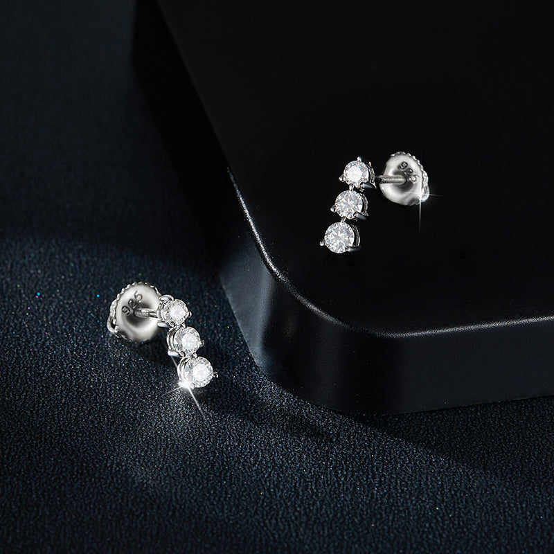 S925 Sterling Silver Moissanite 3 Stone Earrings  Round Cut Screw Back Studs With GRA Certificate Platinum Plated Vertical Drop Jewelry Gift Box Set For Women