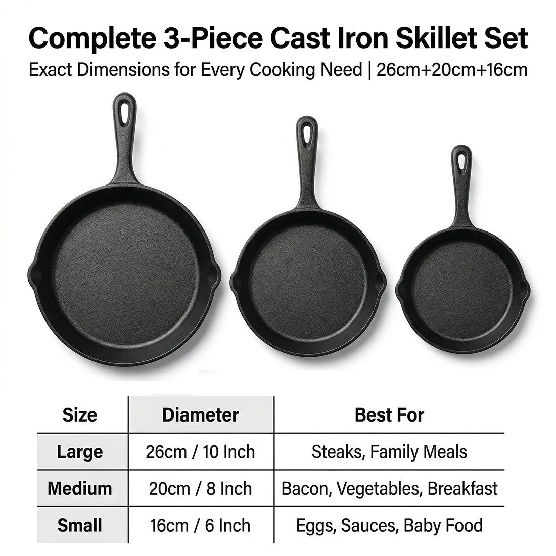 3pcs Pre-Seasoned Cast Iron Skillet Grill Pan With Handle For Grill, BBQ,Kitchen And Camping Cookware