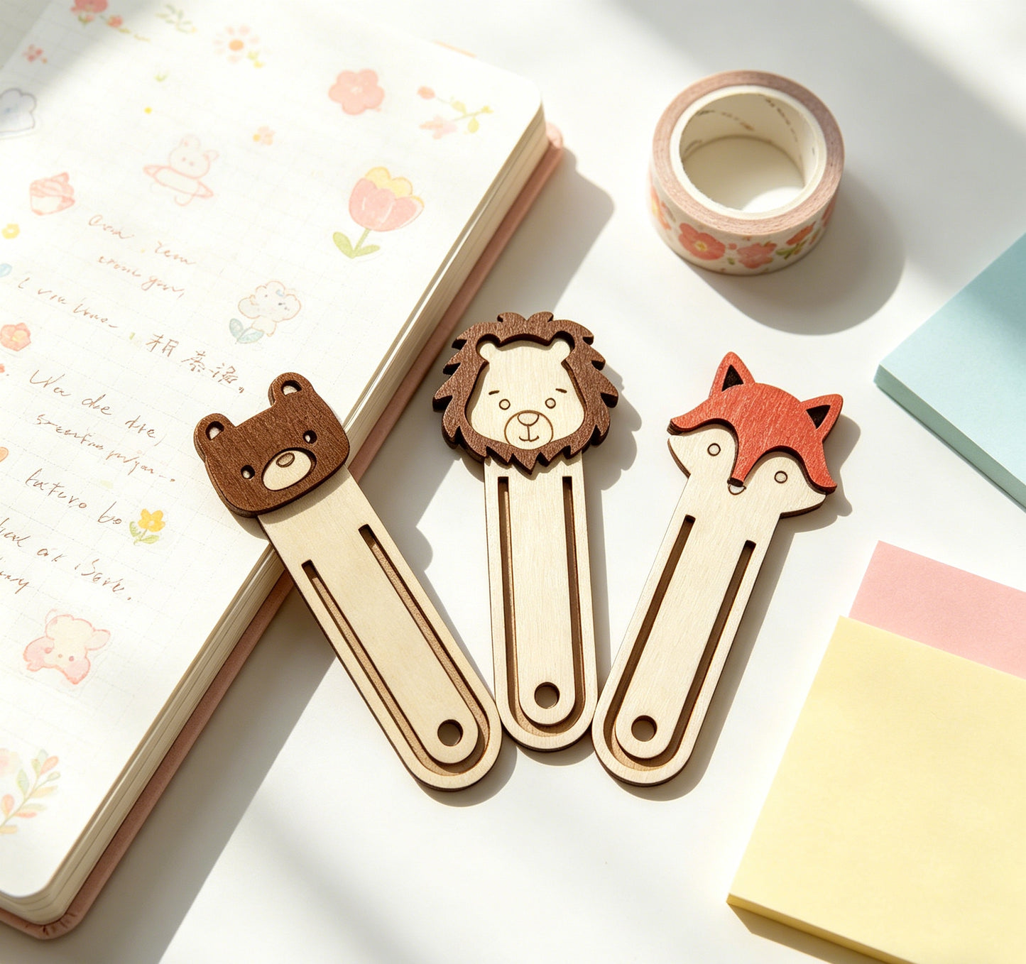 Retro Log Animal Bookmark Fox Bear Lion Three-dimensional Wooden Clip Student Reading Stationery Holiday Gift