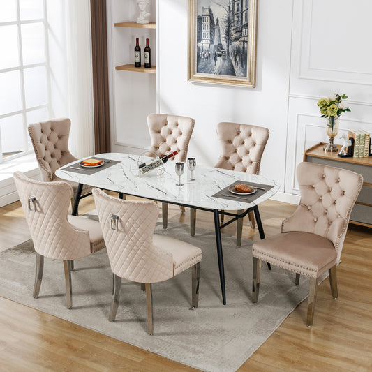 Dining Chair  Kitchen Chair Living Room Chair With Unique Doorknob On The Back, 6 Pcs , Upholstered Chair With Nail Head Set,Metal Support Legs, Velvet Cover,Beige