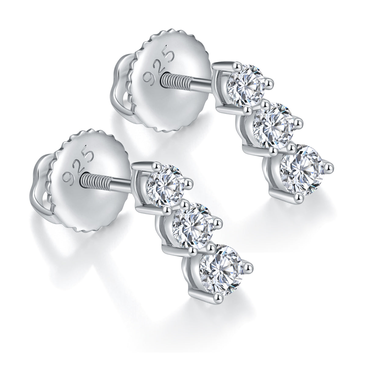 S925 Sterling Silver Moissanite 3 Stone Earrings  Round Cut Screw Back Studs With GRA Certificate Platinum Plated Vertical Drop Jewelry Gift Box Set For Women