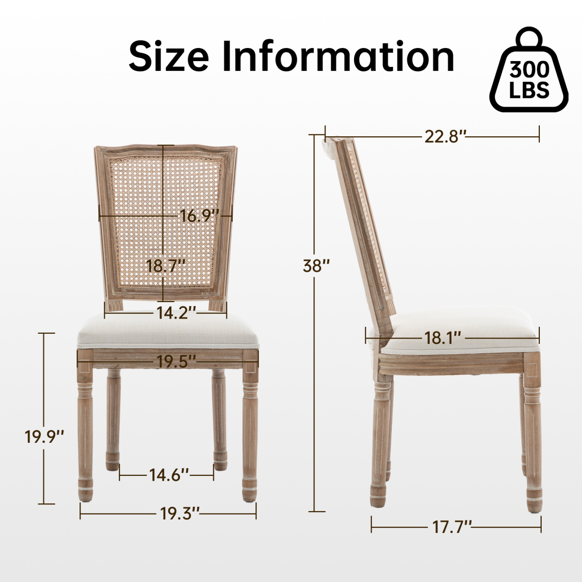 Farmhouse Solid Wood Frame Dining Chairs with Cushioned Linen Seat & Woven Rattan Top-Wide Backrest for Kitchen, Dining Room, Living Room, Beige, Set of 2