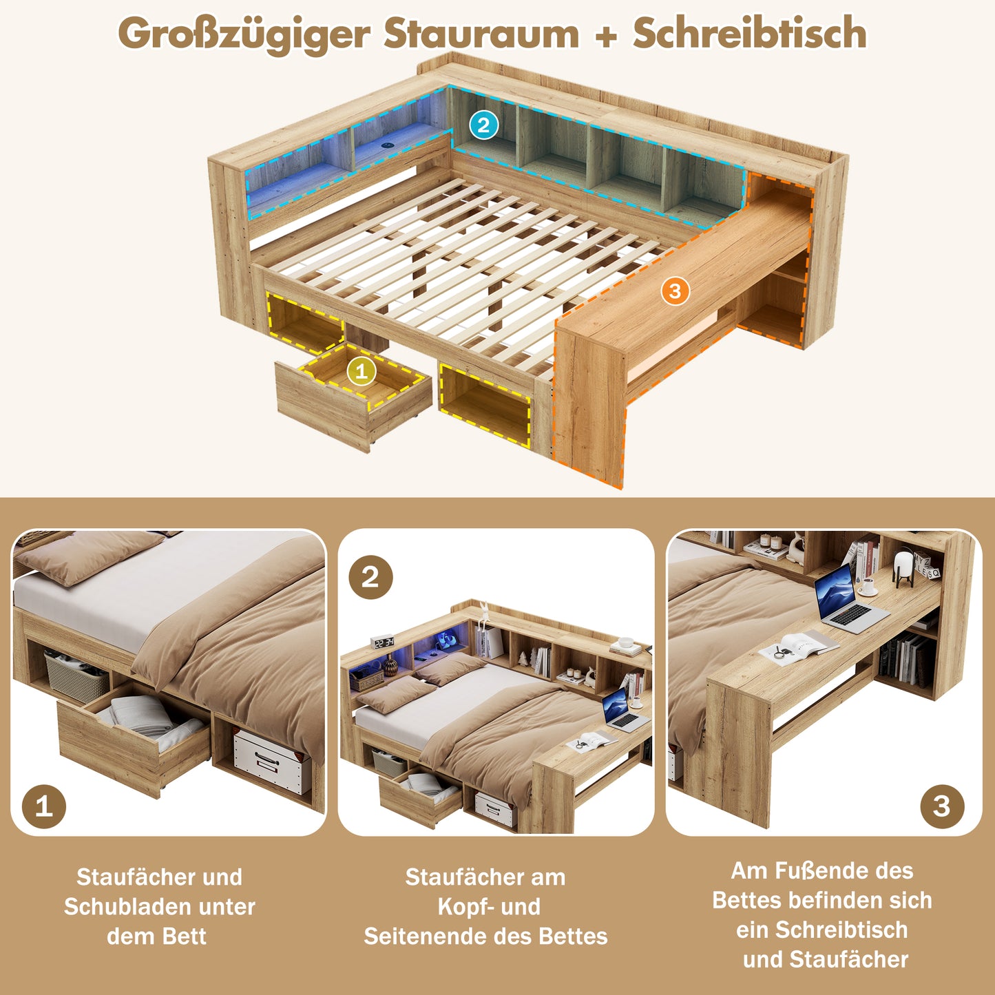 Children's Bed, Storage Bed 140x200 With LED Lighting, USB Charging Ports And Desk, Single Bed, Daybed, L-shaped Wooden Platform Bed, Daybed With Shelves & Drawers, Natural Colour