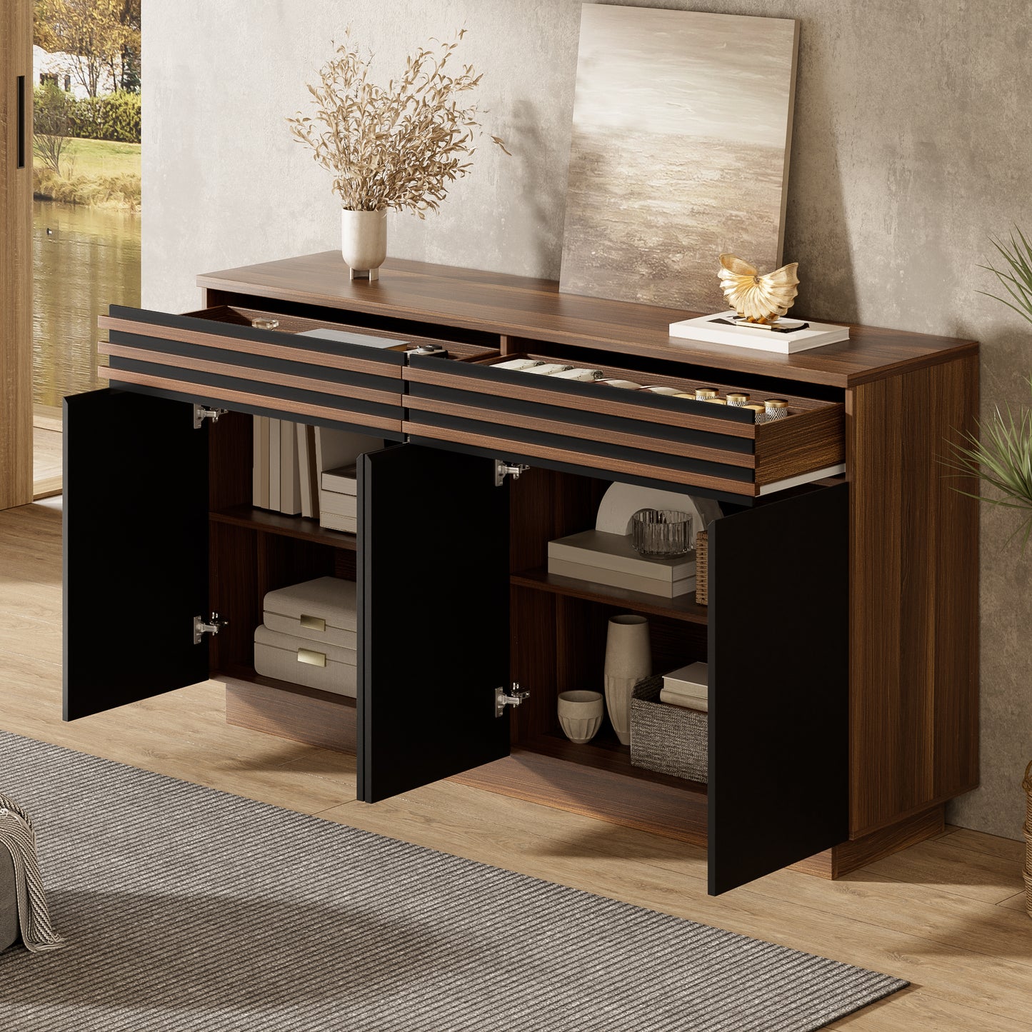 Modern Sideboard 150 X 40 X 85 Cm In Brown Wood Look With Black Doors, 2 Drawers & 4 Doors  Plenty Of Storage Space, Stylish Design For Living Room, Dining Room & Kitchen.  OLD SKU GL3356N