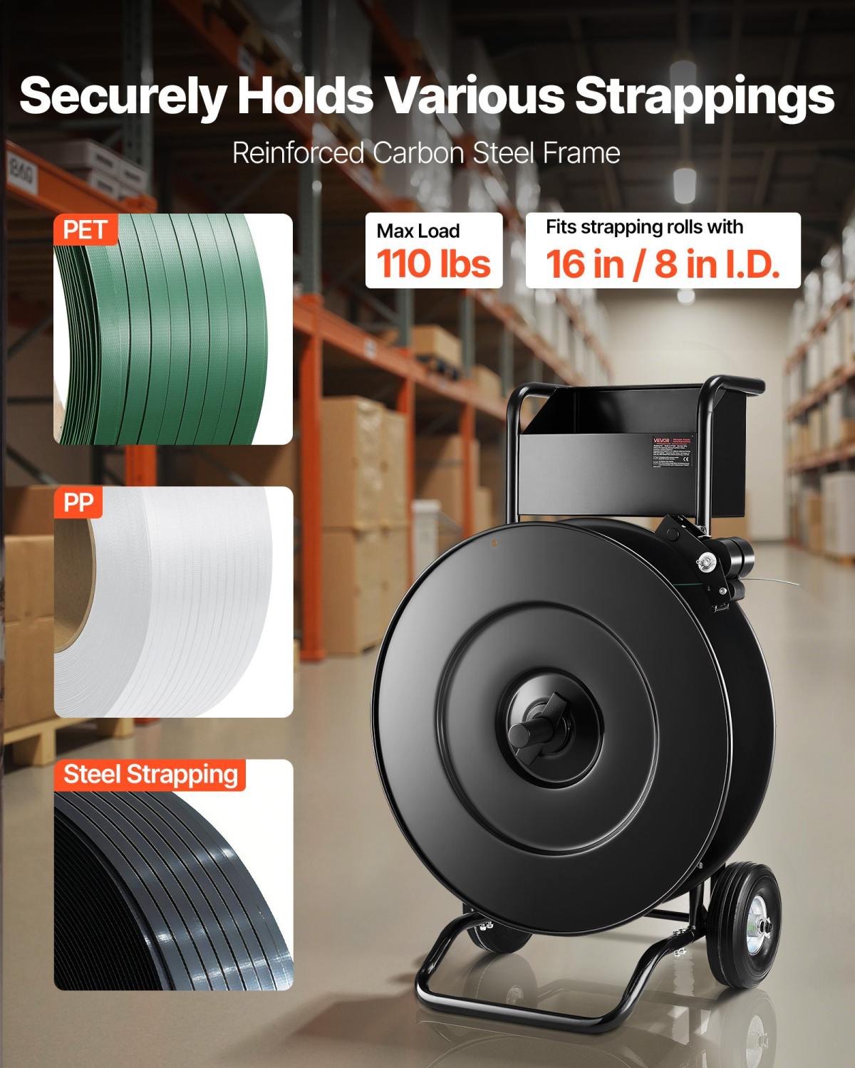 Banding Strapping Cart, Fit For PET / PP / Steel Strap Coils With 8 Or 16 Inches Core Size, Heavy Duty Strapping Dispenser Equipped With Upgrade Drum Brake, Built-in Spacious Tray For Tools