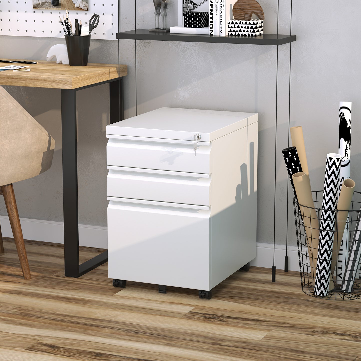 Vinsetto 3 Drawer Filling Cabinet, Mobile Metal File Cabinet With Anti-tilt Design For Letter, A4, Legal Size, White