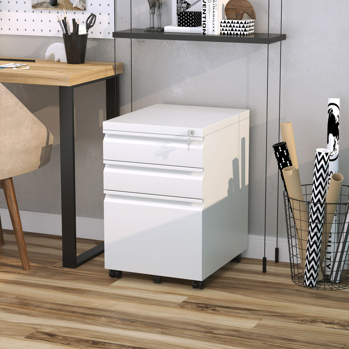 Vinsetto 3 Drawer Filling Cabinet, Mobile Metal File Cabinet With Anti-tilt Design For Letter, A4, Legal Size, White