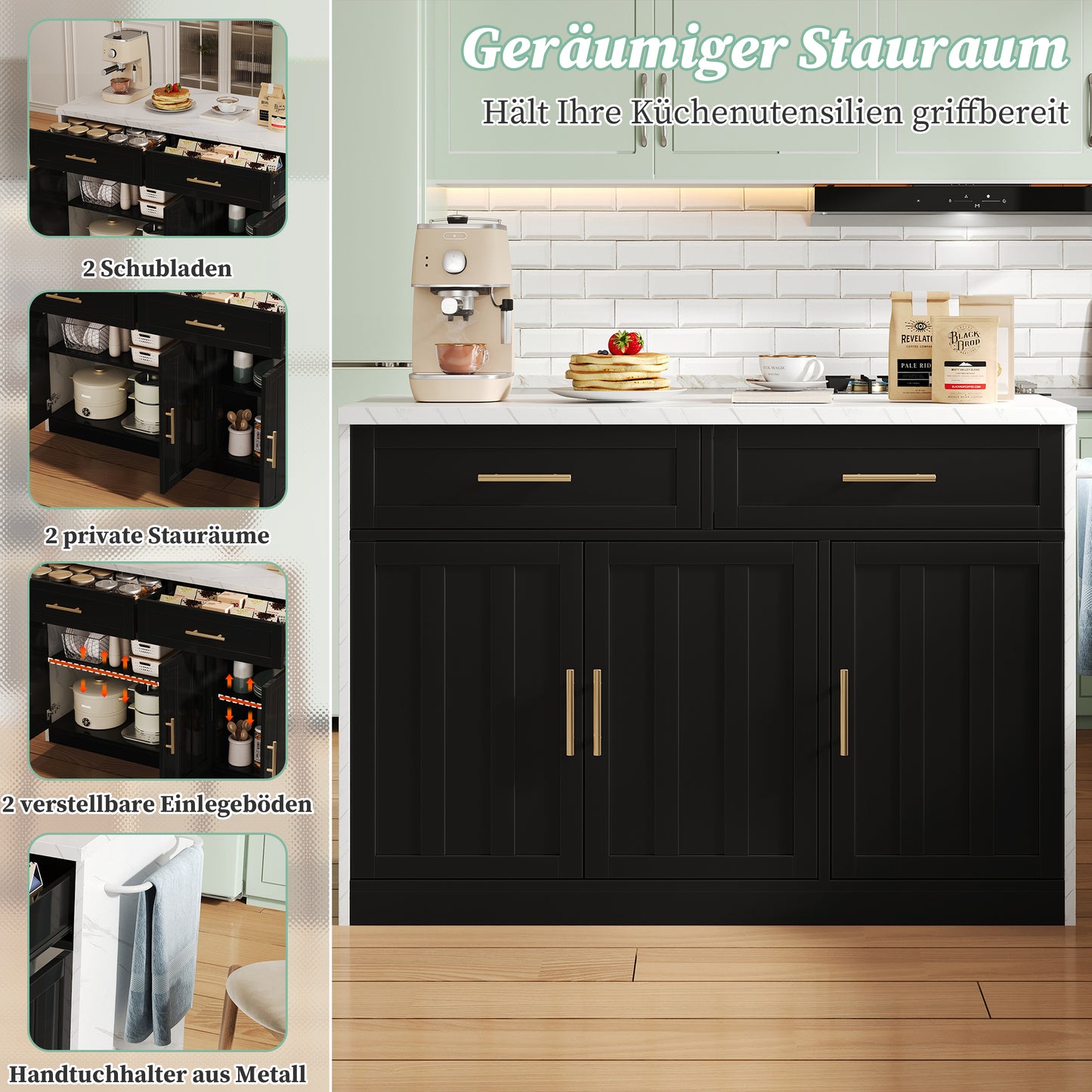 120x60x91cm, Kitchen Island, Sockets, USB Ports, 1.5m Long Power Cord, Adjustable Shelves, Metal Handles, Towel Rail, Bar Area, Suitable For Homes, Kitchens And Similar Rooms