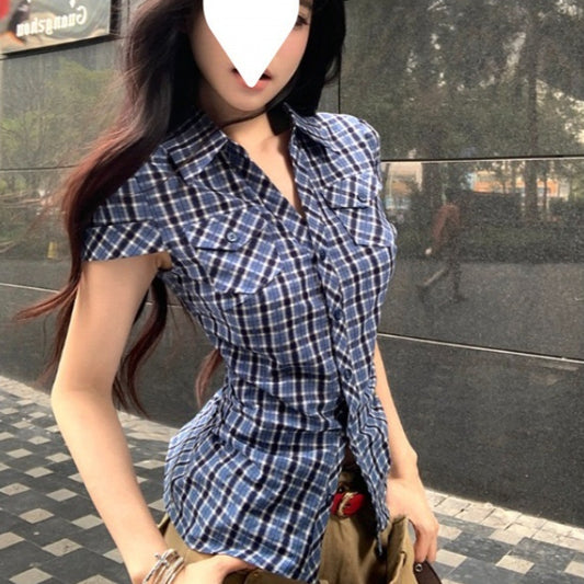 Blue Plaid Cinched Waist Short-Sleeve Shirt Womens Summer Korean Style