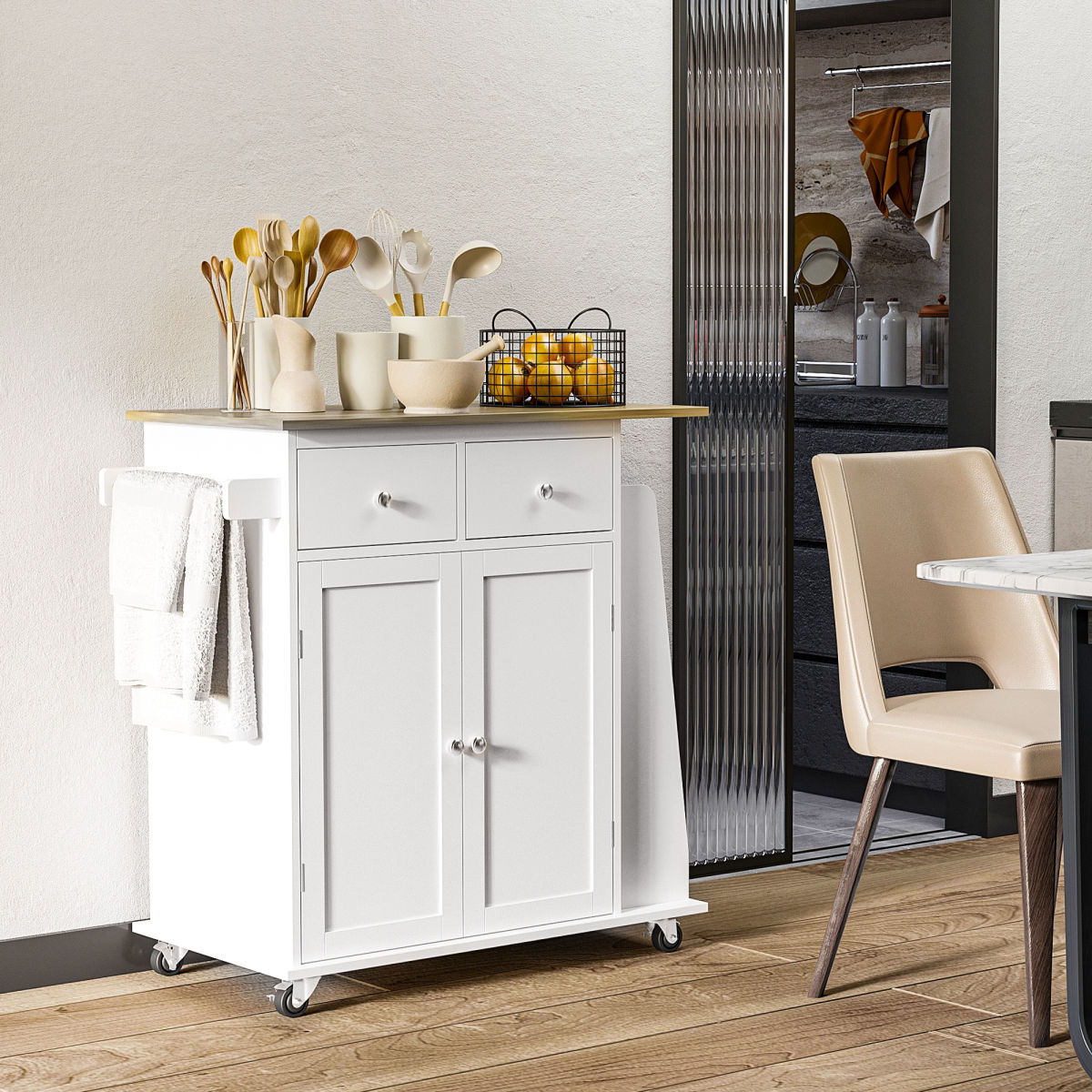 Kitchen Island On Wheels, Mobile Storage Trolley, Rolling Kitchen Cart With Rubber Wood Top, 2-Door Cabinets, 2 Drawers, Adjustable Shelf, 3-Tier Spice Rack, Drawers