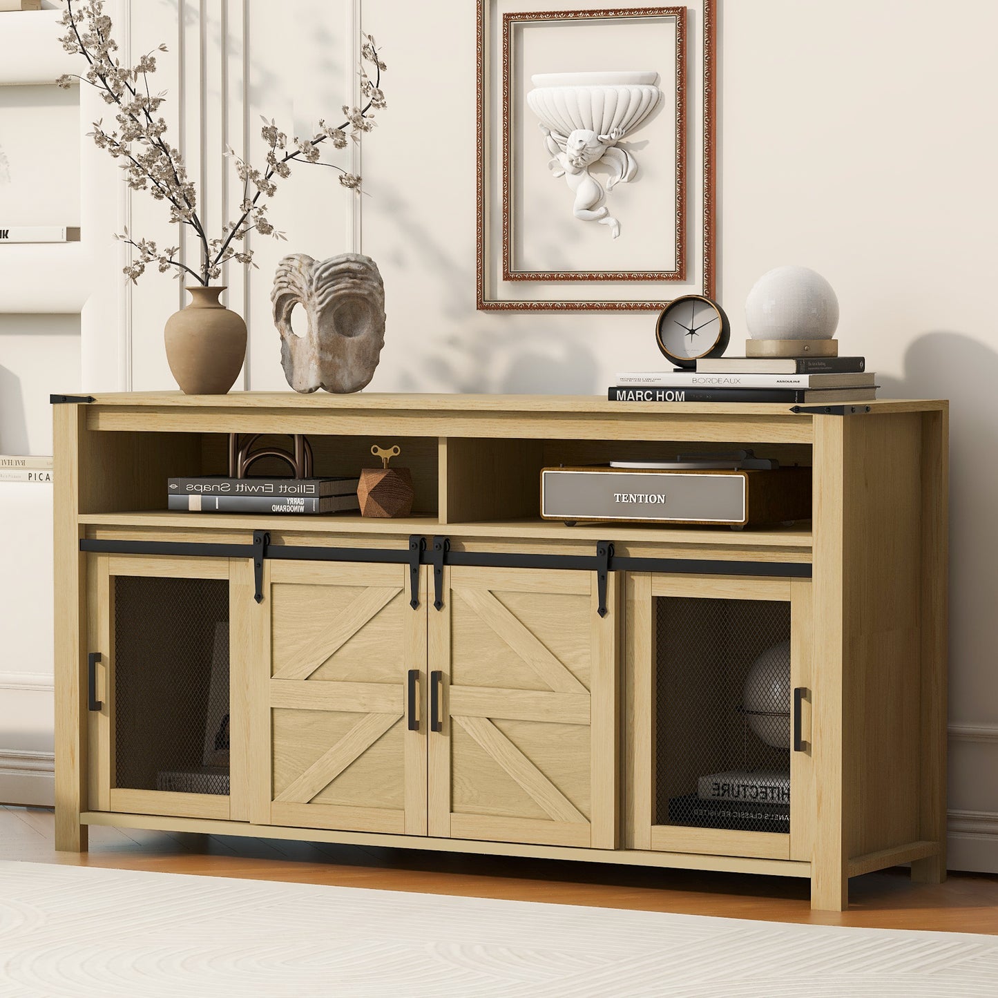 U-STYLE 59.3 Sideboard With Sliding Barn Door And Mesh Panels Farmhouse Buffet With Open Storage Suitable For Living Room  Hallway  Balcony Kitchen  Office