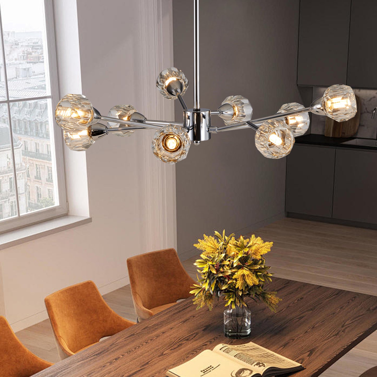 28  Modern Crystal Chandeliers, 9 Lights Chrome Chandelier For Living Room Bedroom, Dining Room Chandelier Over Table, Kitchen Light Fixtures Bulbs Not Included