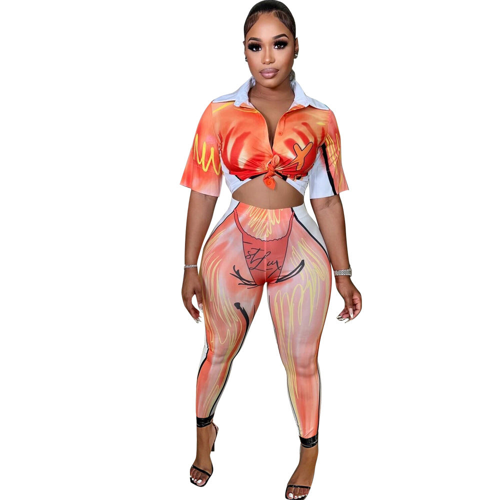 Two-piece Summer Printing Temperament Commute Sweet Beauty