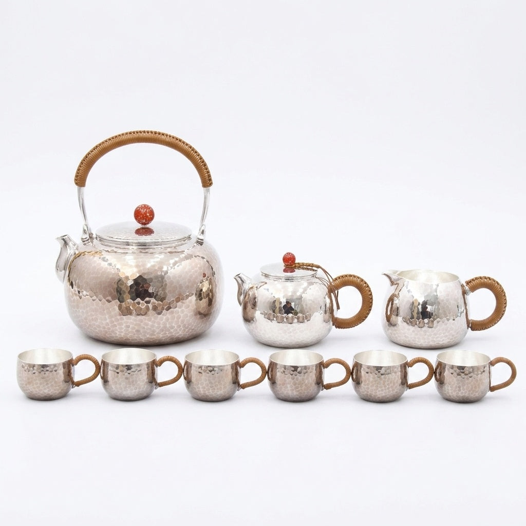 925 Sterling Silver Traditional Artisanal Tea Set with Hammered Metal and Woven Handles - Handicraft