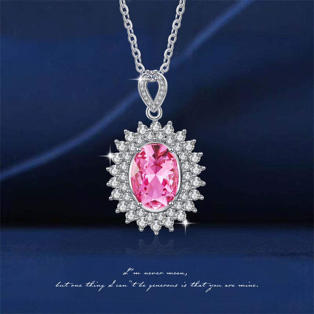 Europe And The United States Cross-border Wish Best Selling Diamond Egg-shaped Powder Zirconium Single Pendant Sunflower Necklace Temperament Female Cross Chain