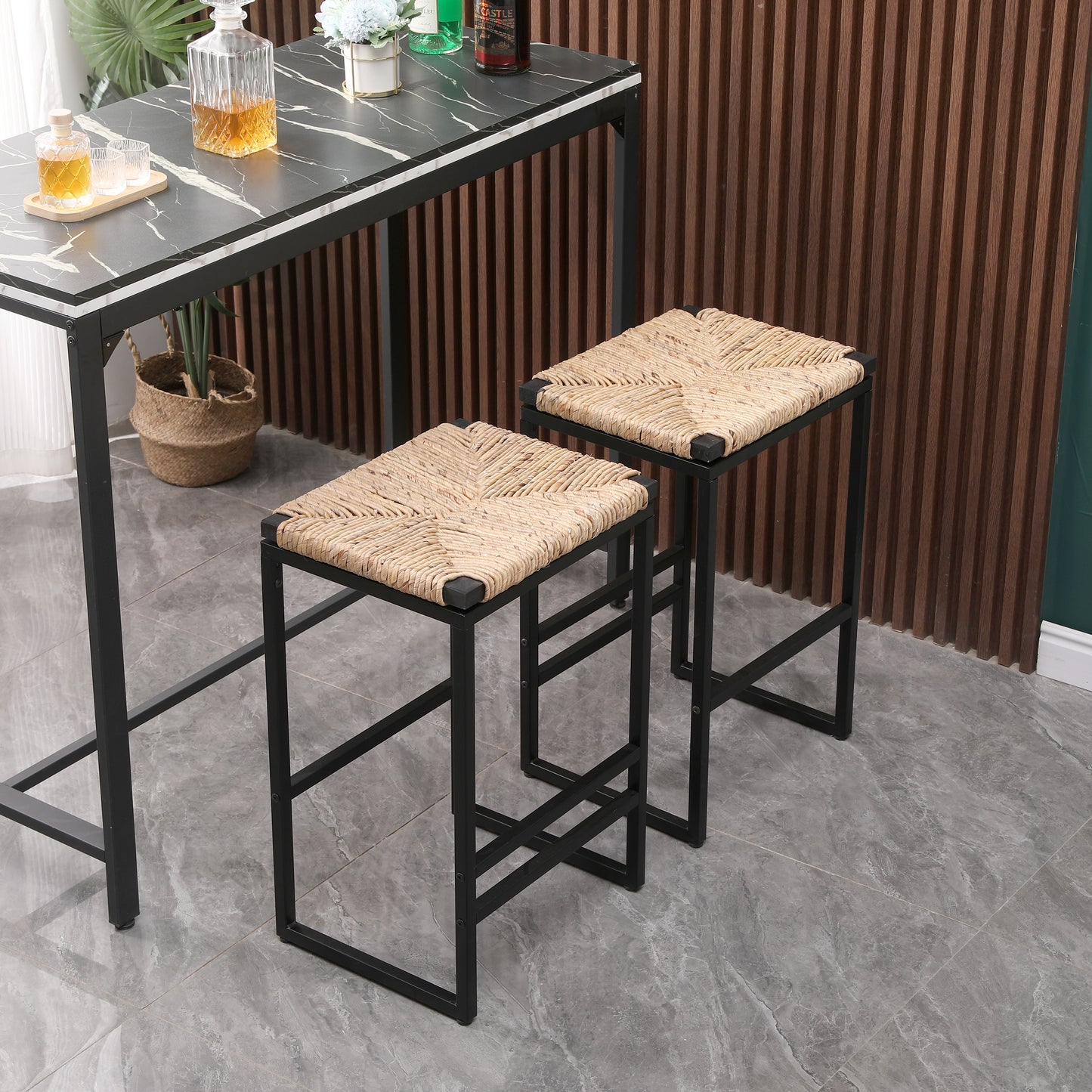 Set Of 2 Water Hyacinth Woven Bar Stools For Kitchen Counter Water Hyacinth Grass Backless Barstools With Footrest  Water Hyacinth Backless