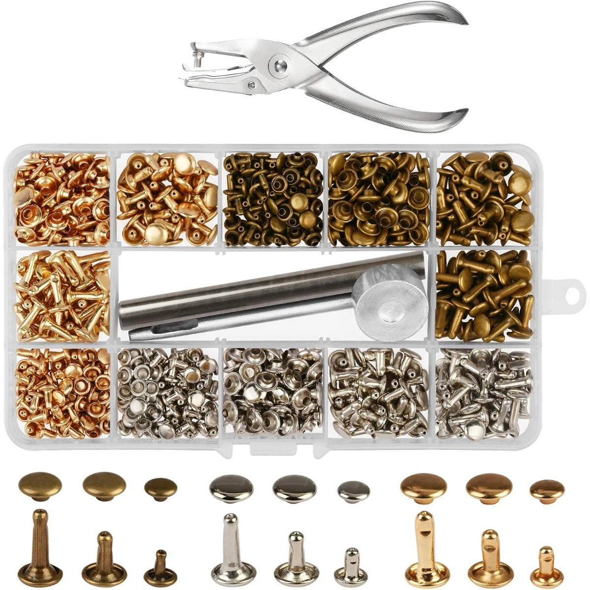 Comprehensive Hollow Rivet Set With 306 Rivets & Tools, 3–8 Mm Rivets In Gold/silver/bronze, Including Punch & Setting Tool, Complete Rivet Set For Leather & DIY Party Decorations