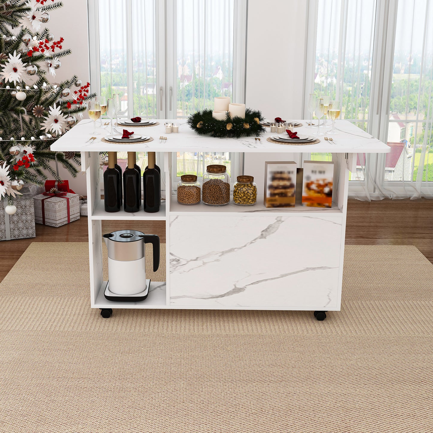 Multi-Functional Folding Table With Storage Shelves And Wheels  47 Inch Foldable Dining Table For Small Spaces  Compact Desk For Kitchen  Dorm  Office White