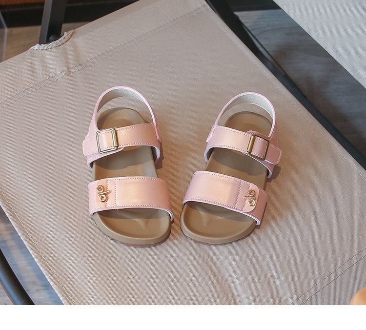 Girls' Fashion Letter Metal Button Sandals Korean Version Baby Velcro Single Shoes Girls' Leather Shoes