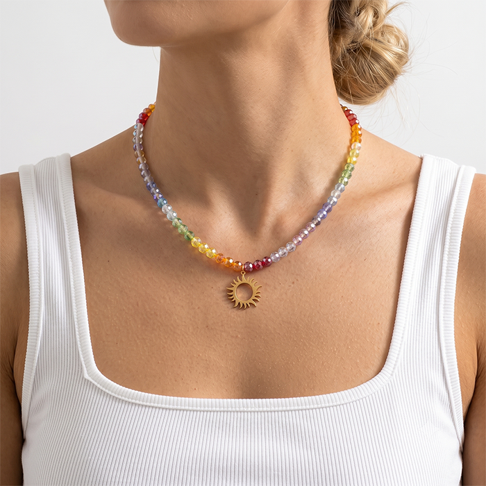 Rainbow Glass Bead Sun Necklace For Women, 18K Gold Plated Stainless Steel Celestial Sunburst Pendant Choker, Colorful Summer Jewelry Gift