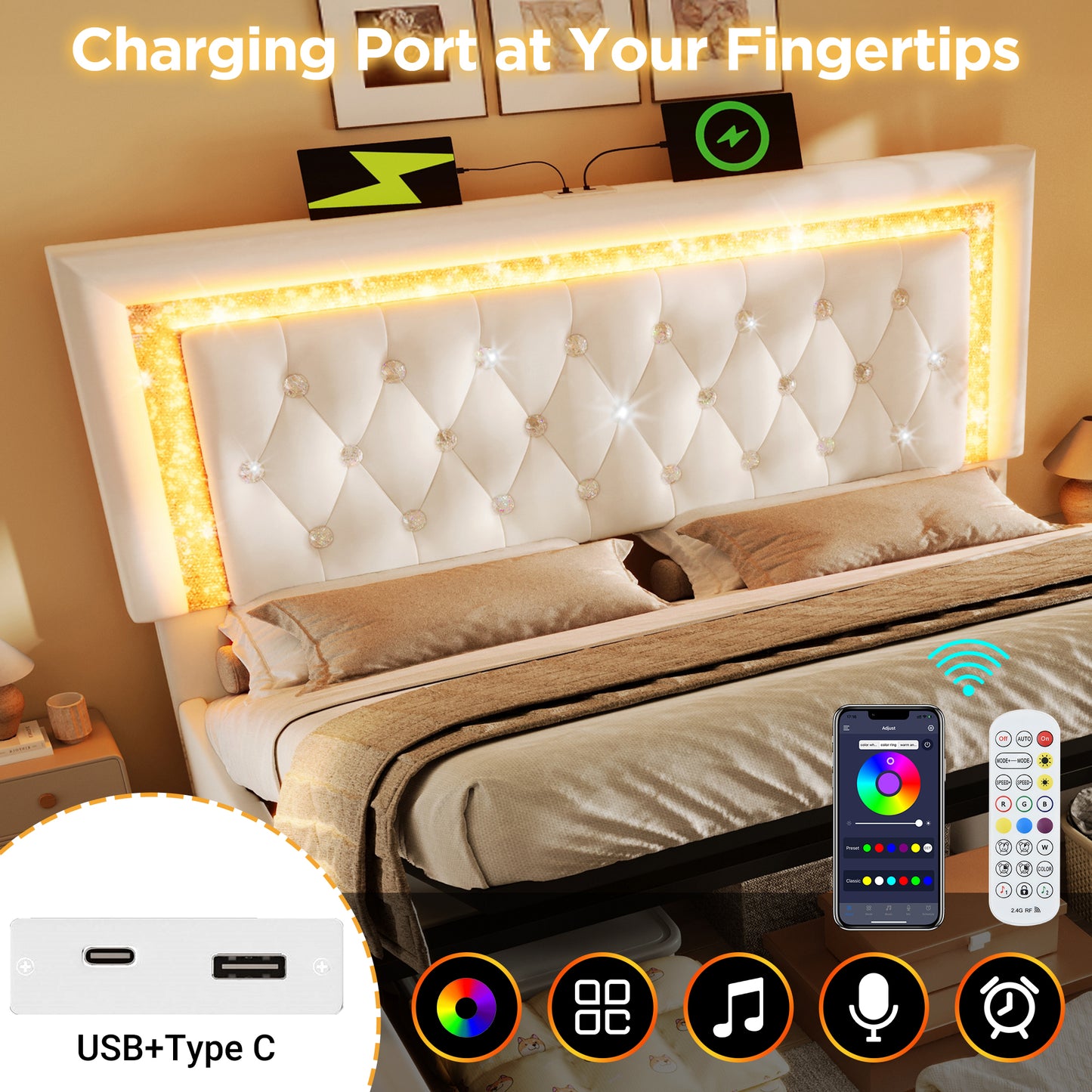 Upholstered Bed 150 X 200 Cm With LED Lighting, USB Type-C Charging, 5ft Hydraulic Storage Bed With Adjustable Diamond Tufted Headboard, Velvet, Beige No Mattress