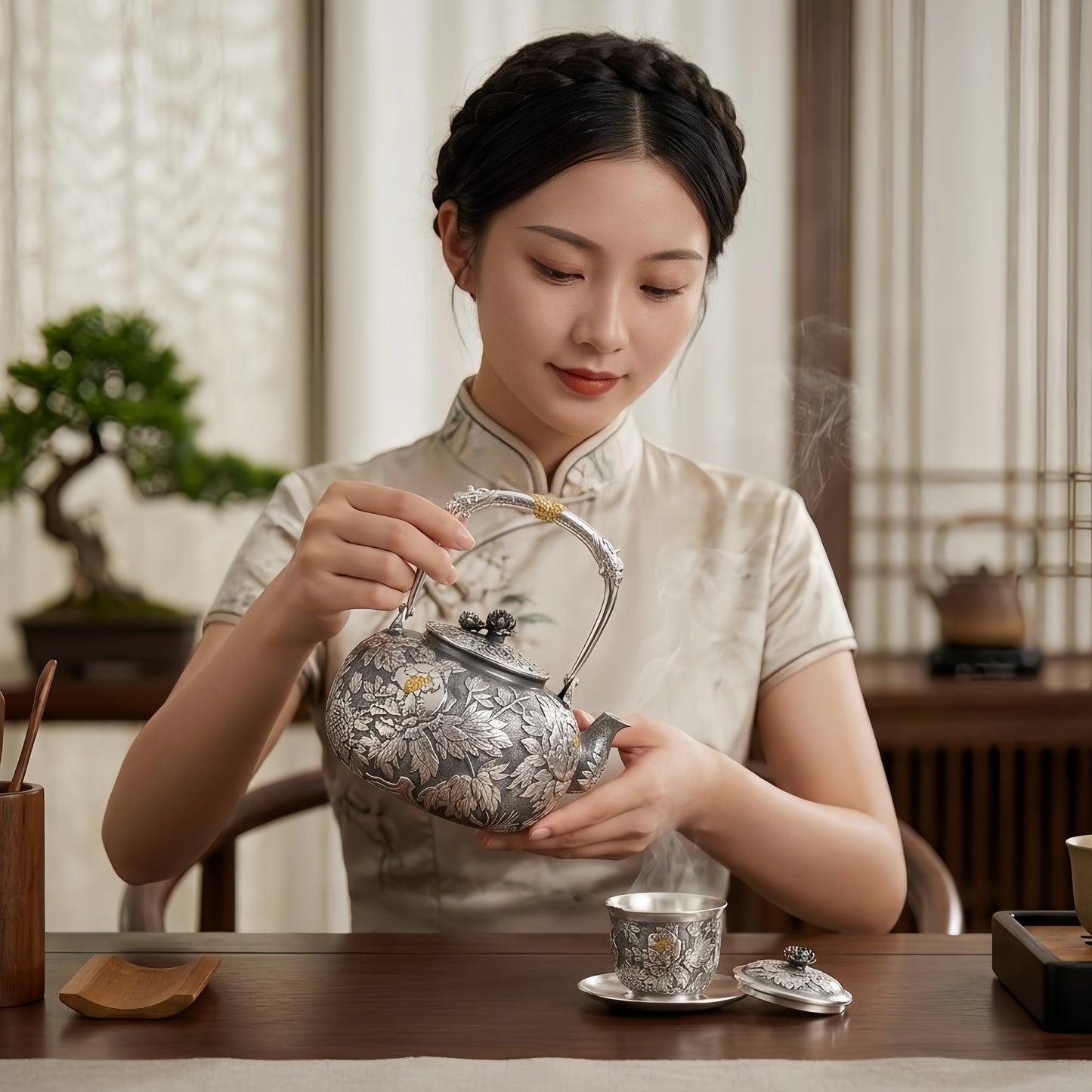 Pure 999 Fine Silver Elegant Hand-Carved Silver Tea Kettle Featuring Intricate Peony Blossoms and Ornate Arched Handle - Handicraft
