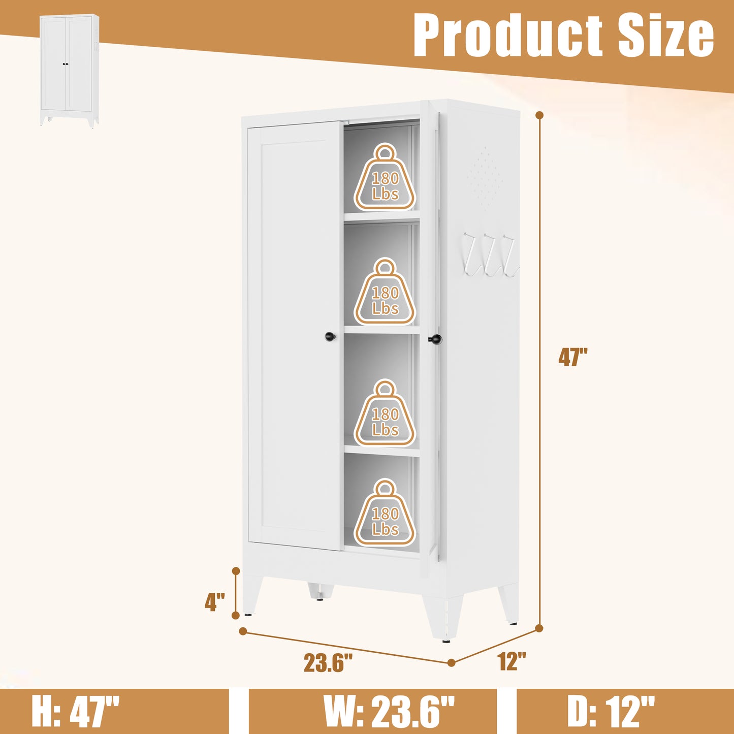 47.3  White Metal Kitchen Pantry Cabinet Adjustable Storage With 3 Shelves  110lb Capacity , Heavy Duty Freestanding Pantry Organizer For Kitchen, Pantry, Living Room