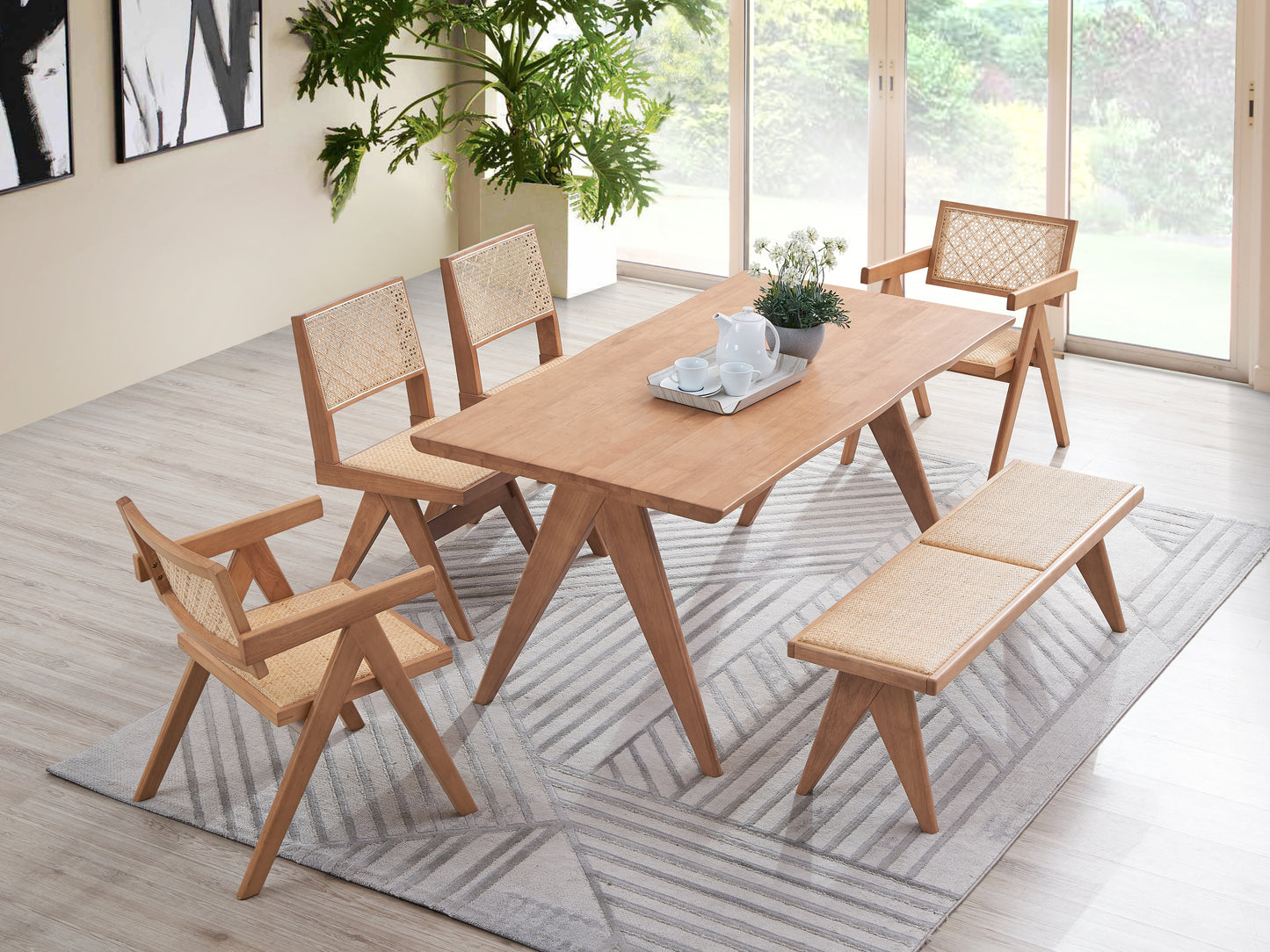Valentina Rattan & Natural Finish 5PCs Patio Outdoor Dining Set  No Bench Included