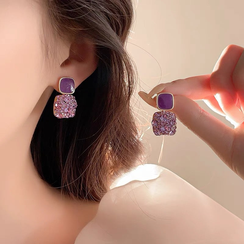 Purple Crystal Rhinestone Earrings For Women Korean Style Flower Luxury Versatile