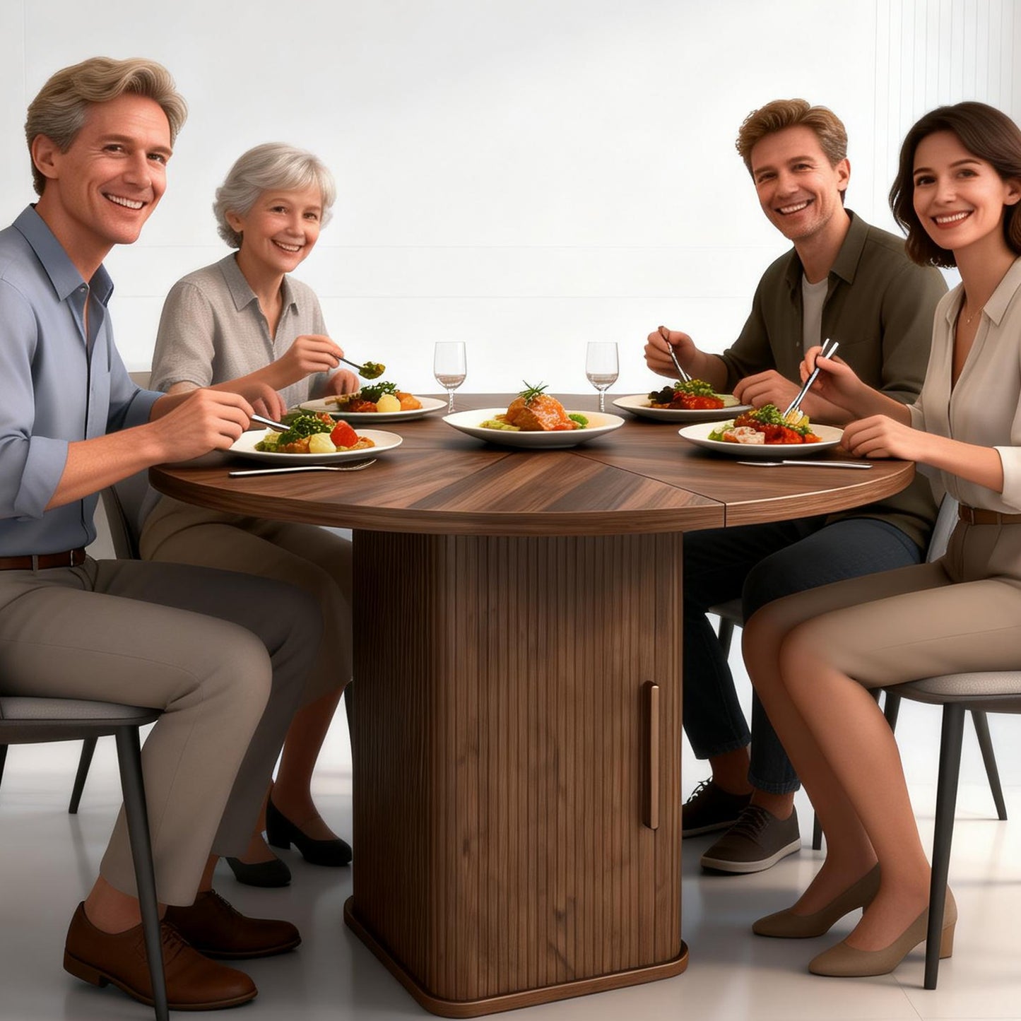 47in Dining Table Exquisite Round Table With 2 Storage Shelf Wood Slide Door And Wooden Base For Dining Room Home Kitchen Canteen