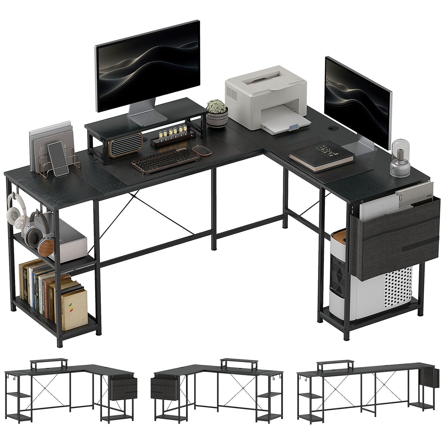 168cm Reversible L Shaped Desk, Industrial Corner Computer Desk With Adjustable Shelf And Storage Bag, 240cm 2 Person PC Table With Monitor Stand, Black