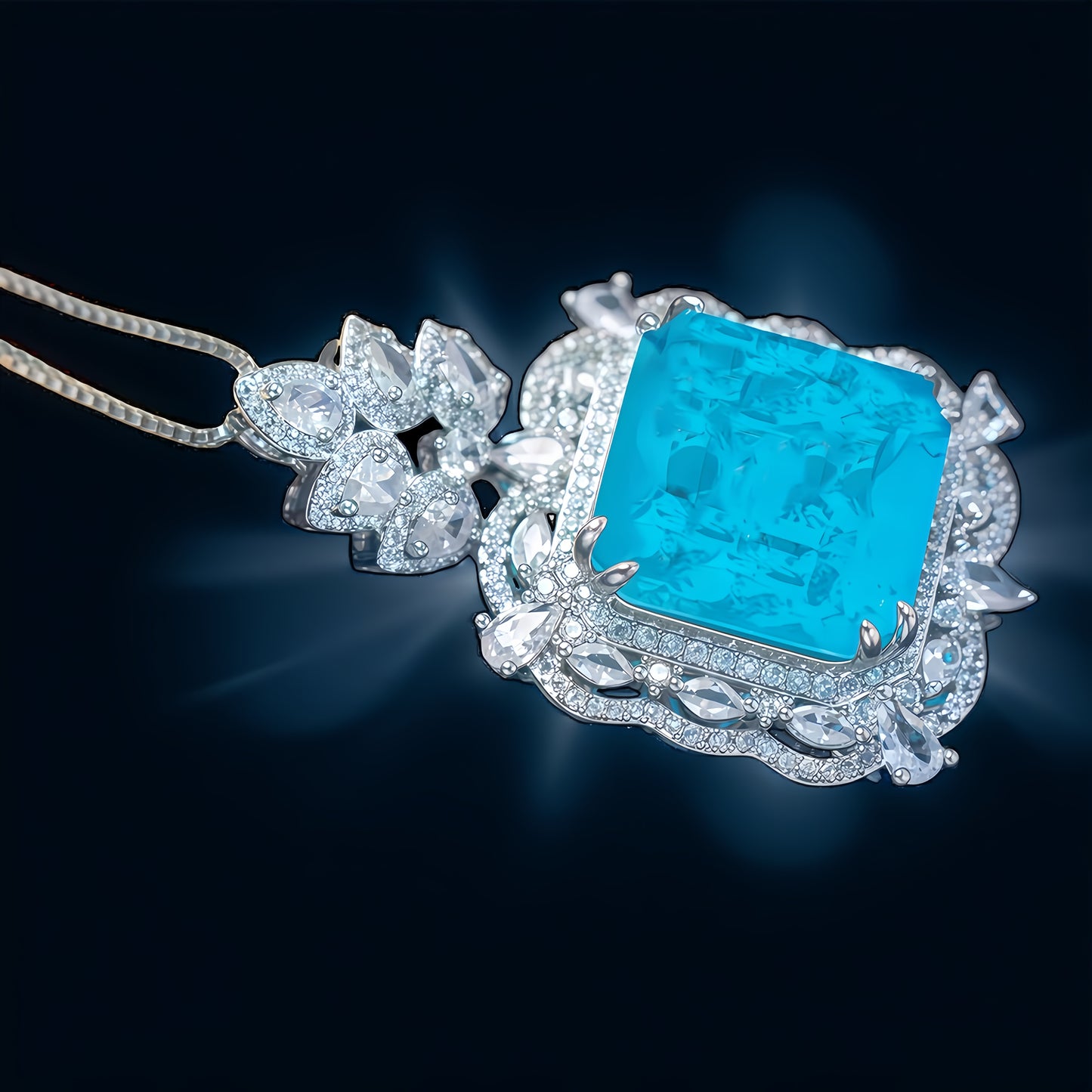 Square Cut Paraiba Blue CZ Multi-Shape Halo Pendant Necklace For Women, Copper Plated Silver Pear & Round White Cubic Zirconia Vintage Luxury Wedding Statement Jewelry Gift