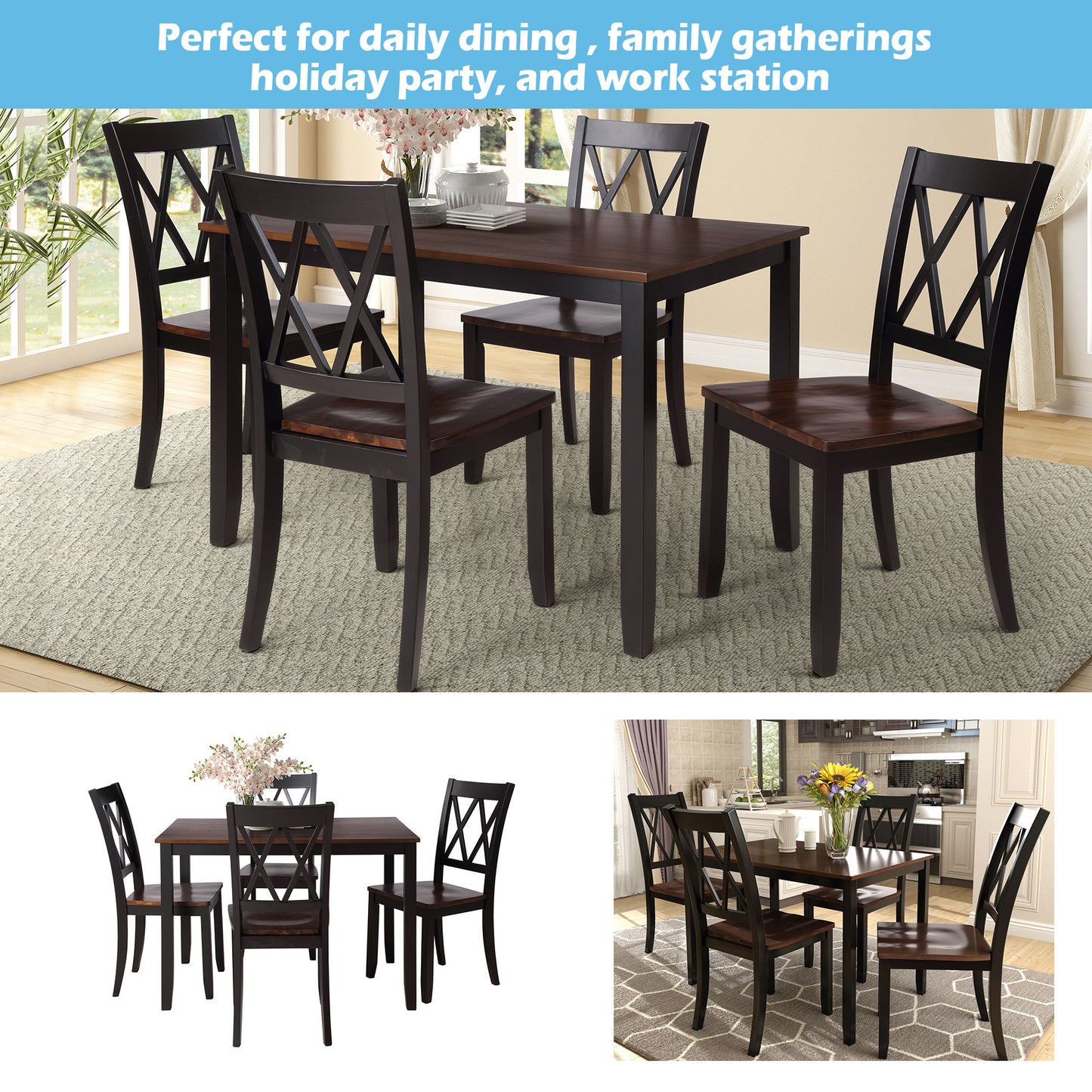 TOPMAx 5- Piece Dining Table Set Home Kitchen Table And Chairs Wood Dining Set  Espresso Black