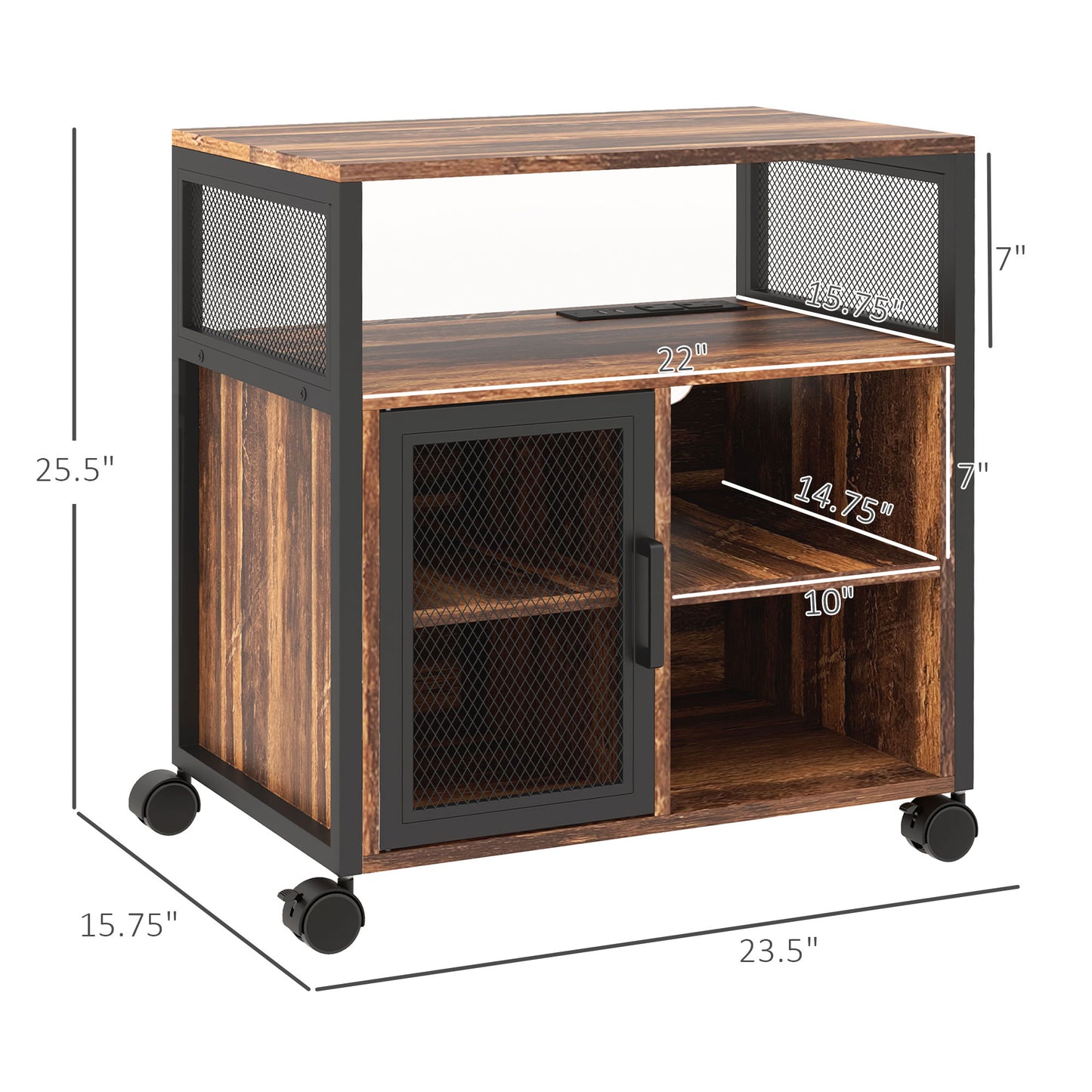Printer Stand with Socket and USB Charging Ports, Industrial Mobile Printer Table with Storage and Wheels, Rustic Brown