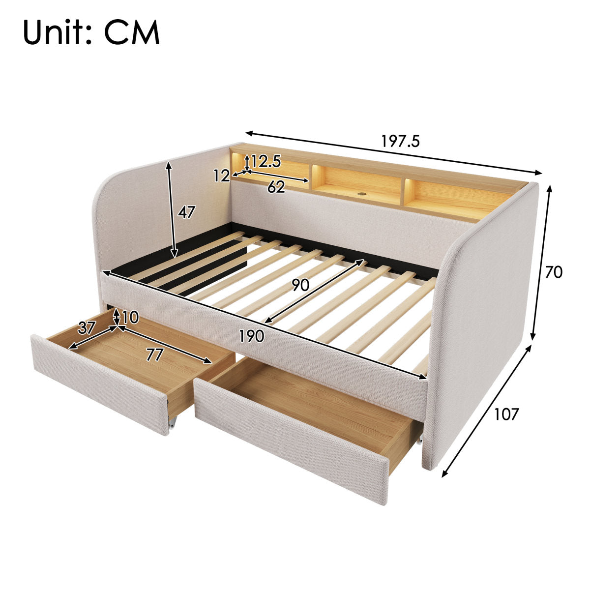 Upholstered Daybed With Headboard Storage, 90 X 190 Cm Single Sofa Bed With LED And USB Type-C Reading Light, 3FT Daybed With 2 Drawers, Linen, Beige   Without Mattress