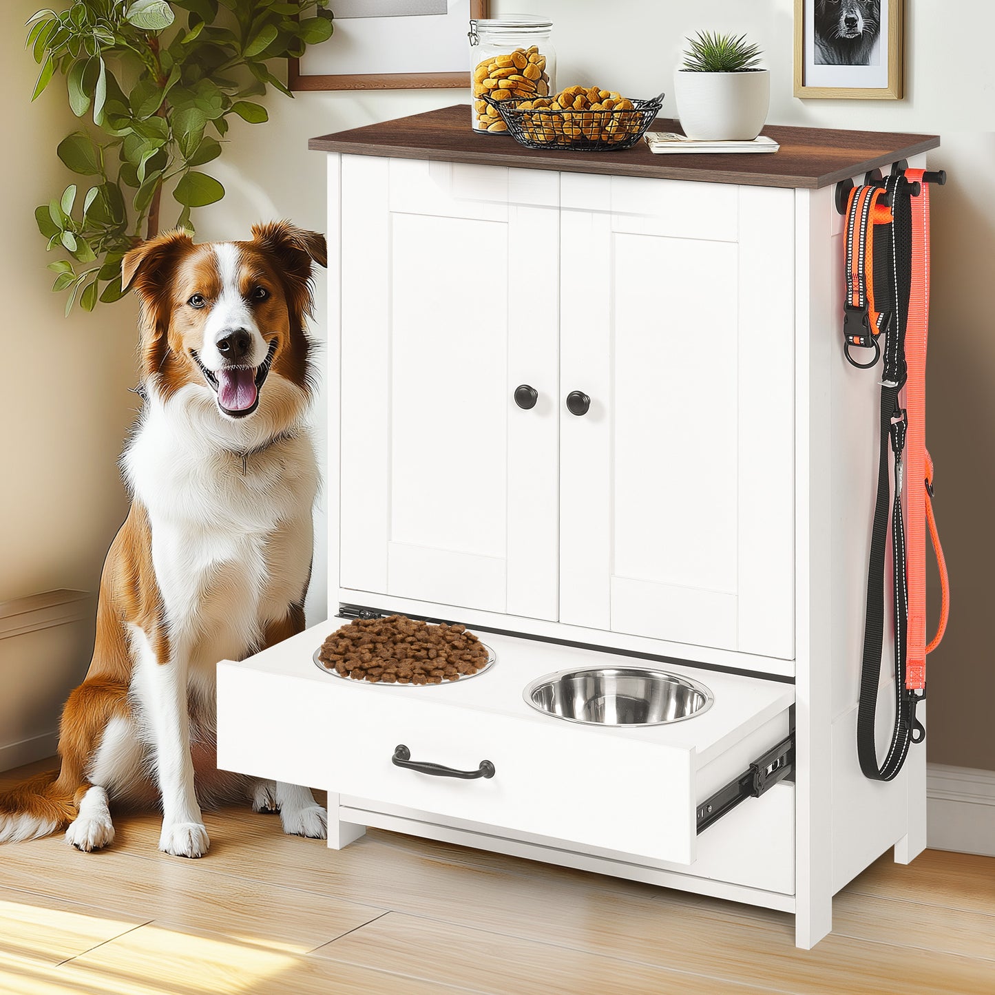 Dog Feeding Station, Double Door Locker With 2 Adjustable Dog Bowls, 3 Hooks On Right Side, White